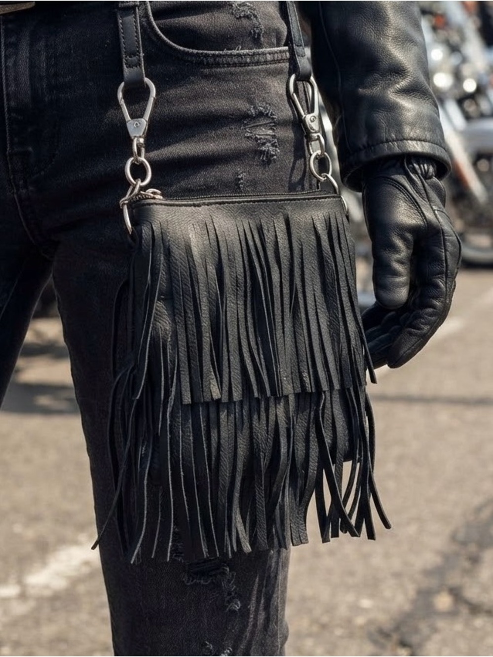 Black Leather Fringe Tiered Clip-On Hip Bag – Biker / Festival / Concert 6"x7"